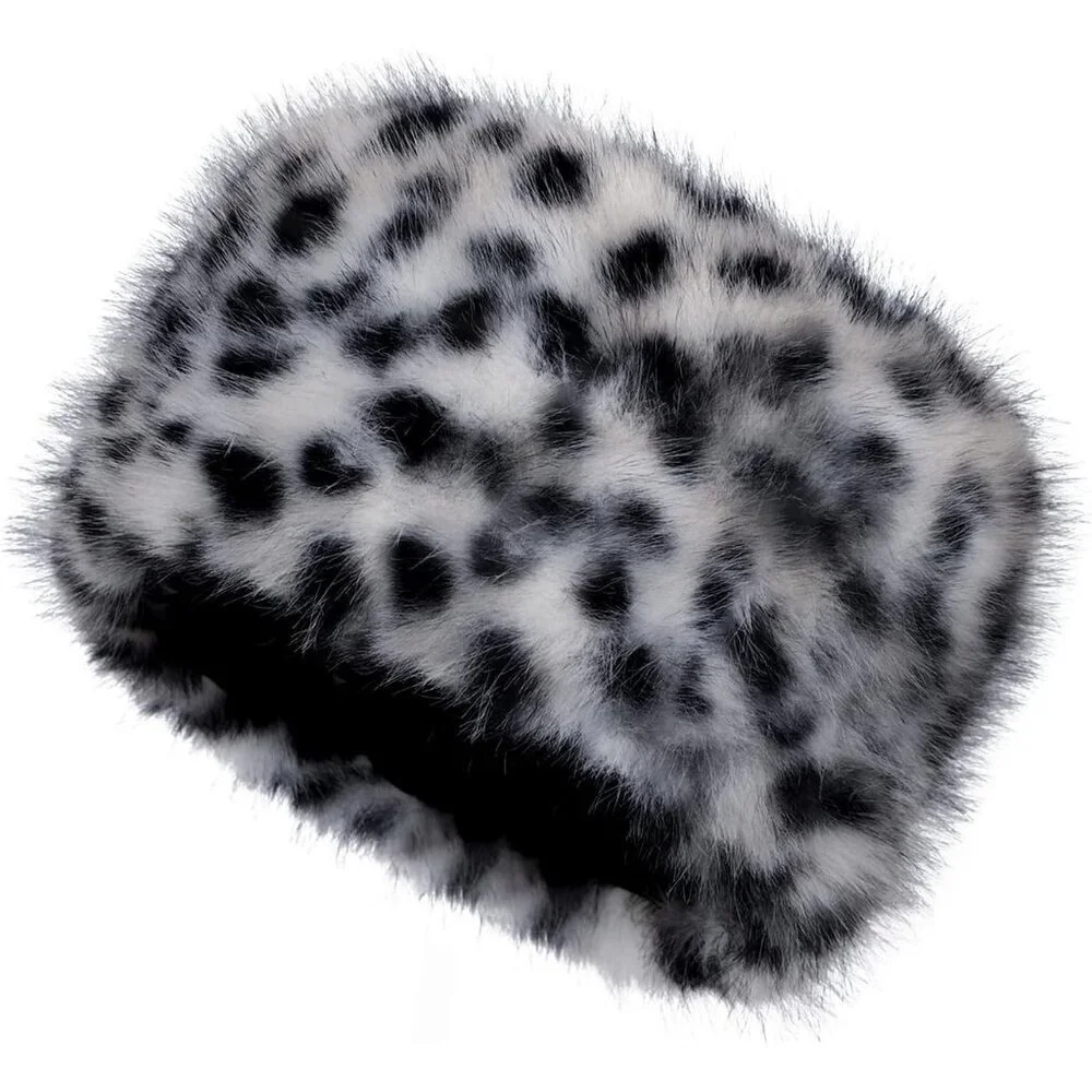 Women Black Leopard Warm Winter Hat Faux Fur Russian Cossack Style